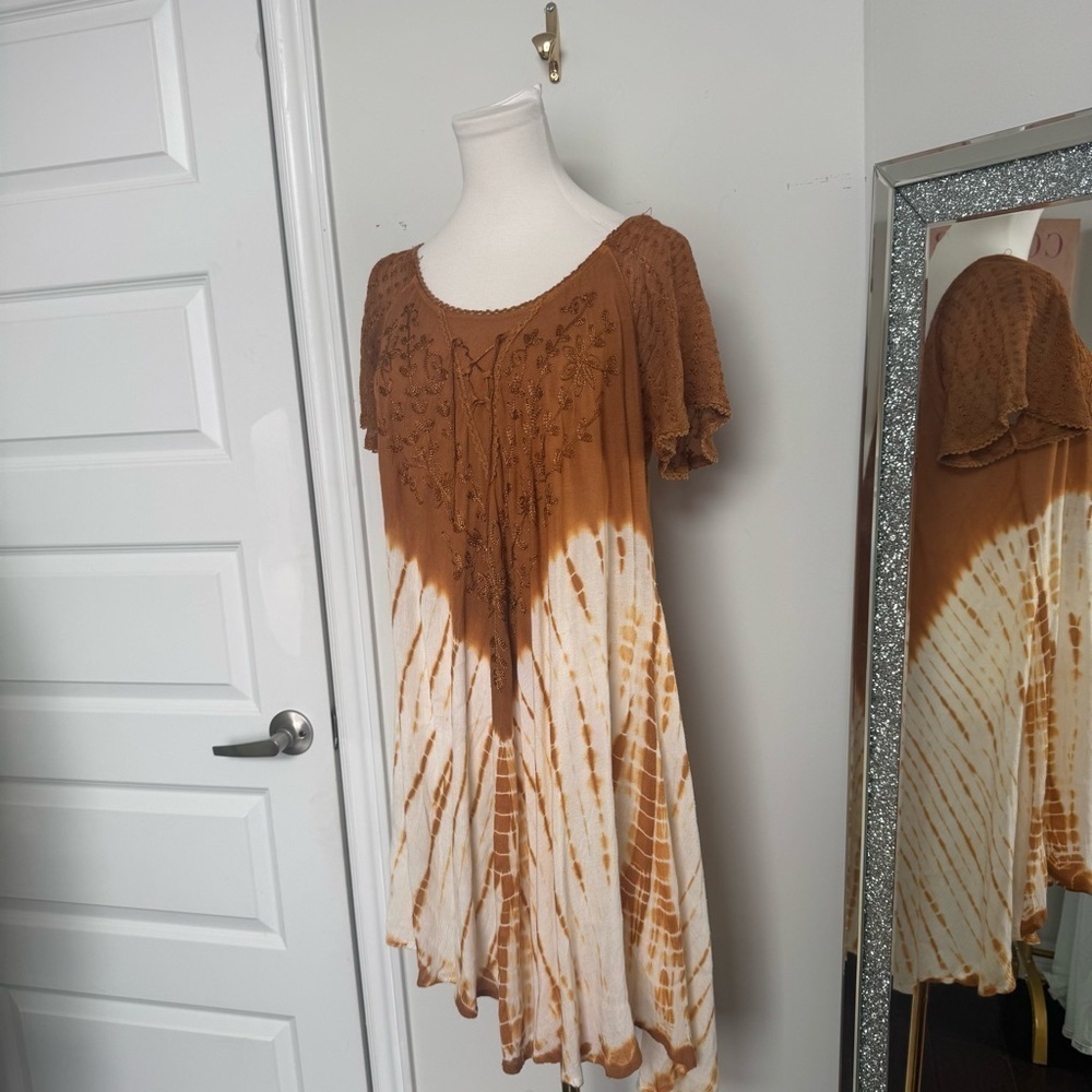 Bohemian vintage Brown Tie-Dye Women's Top ombré fairycore woodland natural OS - Picture 4 of 8